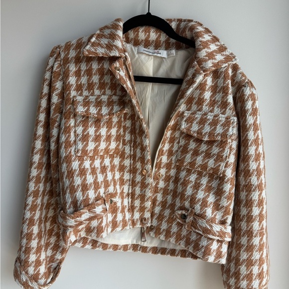 Brown and White Houndstooth Women's Cropped Jacket Bishop and Young Size Small - Picture 4 of 6